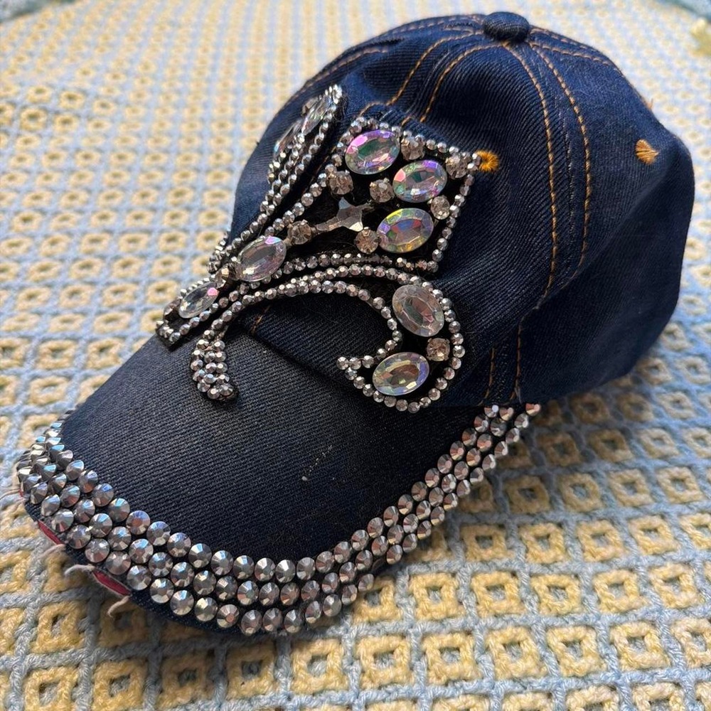 Y2K Mcbling Distressed Denim Crystal Cross Rhinestone Alt Baseball Hat Cap